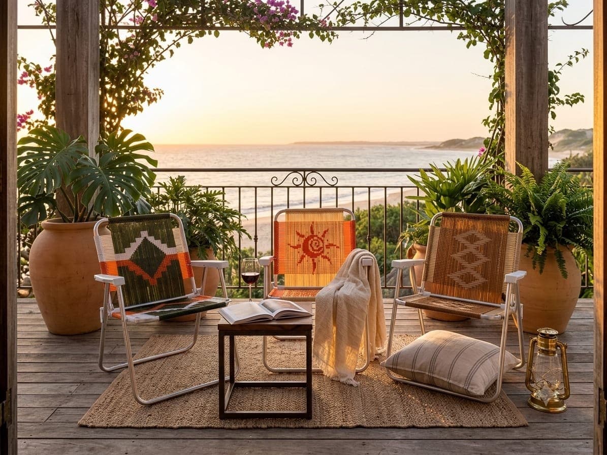 Cadeiras de praia boho SentArte num terraço ao pôr do sol