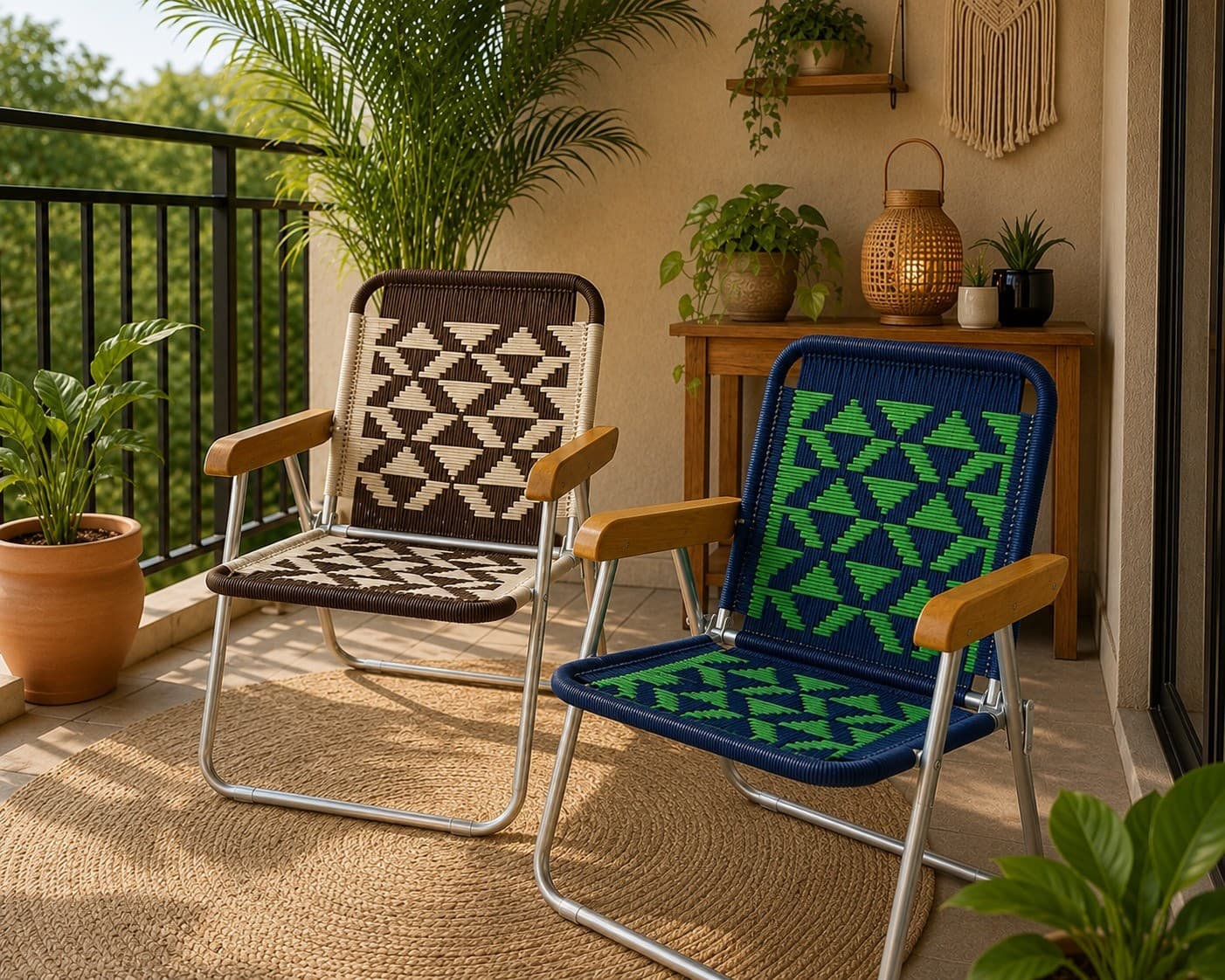 Cadeiras de praia boho SentArte numa varanda decorada